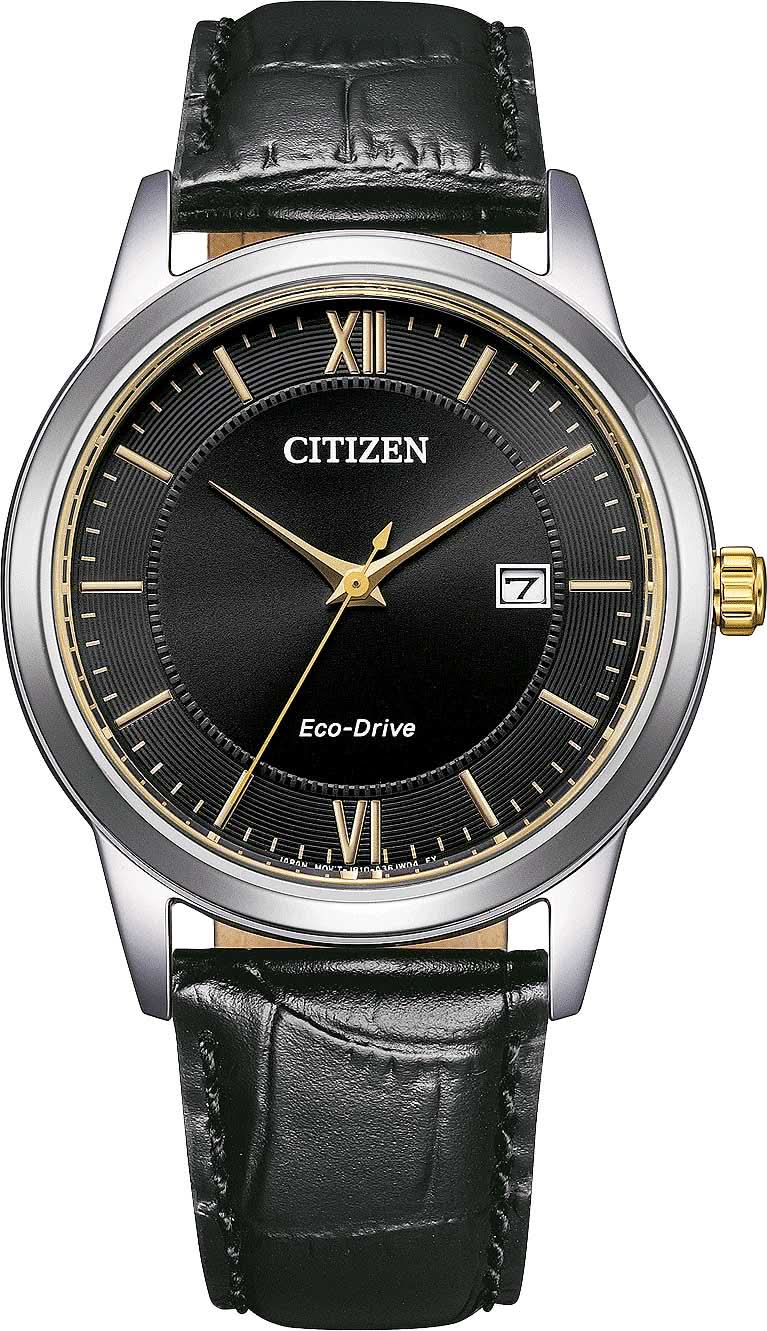 Herrenarmbanduhr mit schwarzem Zifferblatt, goldenen Akzenten und schwarzem Lederband