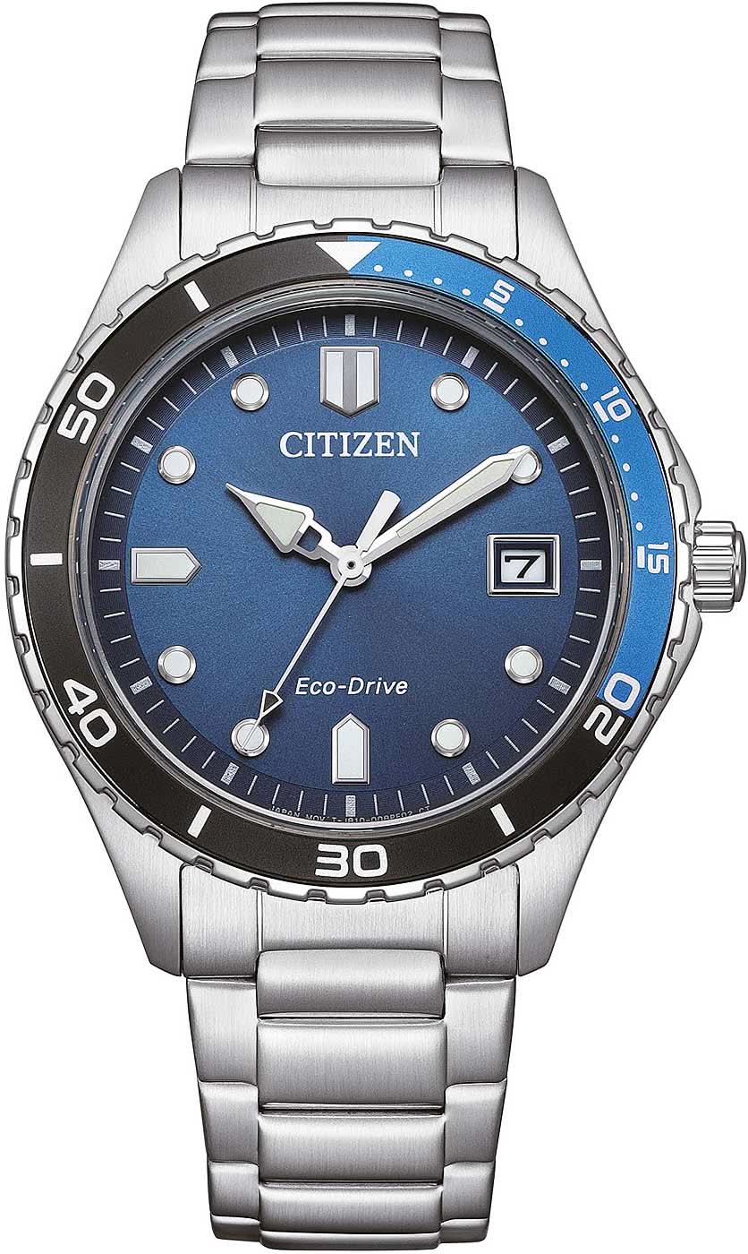 Citizen Herrenuhr: blaues Zifferblatt mit Datum bei 7, Edelstahlarmband