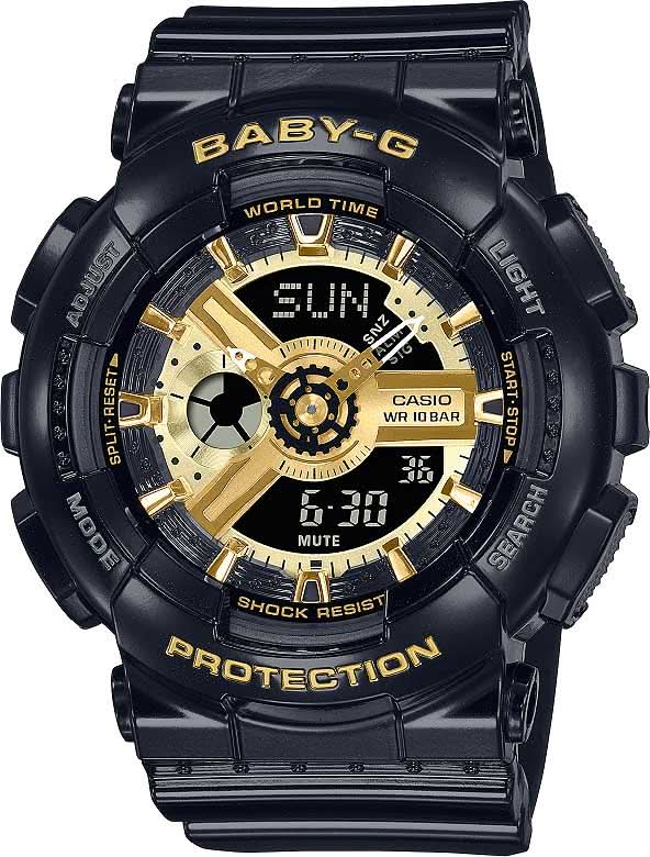 Orologio da donna con cinturino in plastica nera, indici dorati e display digitale