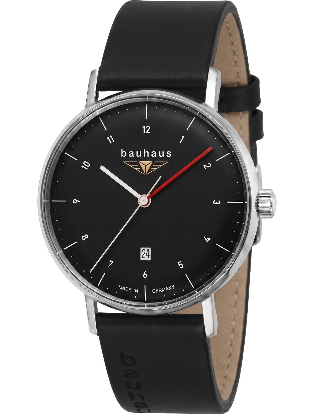 Bauhaus Classic 2140-2 Herrenuhr mit schwarzem Lederband, schwarzem Zifferblatt, Mineralglas