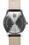 Armbanduhrrückseite aus Edelstahl mit Gravur und beigem Lederband, verschraubter Boden