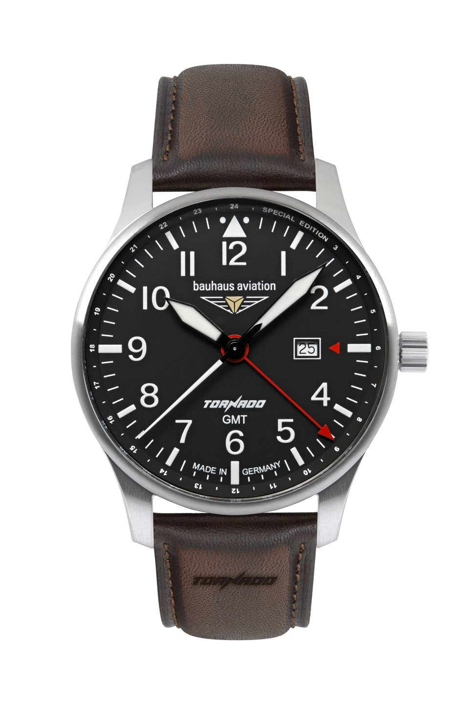 Herrenarmbanduhr mit braunem Lederband, schwarzem Zifferblatt und silbernem Gehäuse, GMT