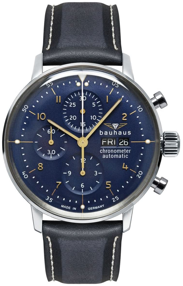 Orologio da uomo con quadrante blu, design cronografo e cinturino in pelle nera