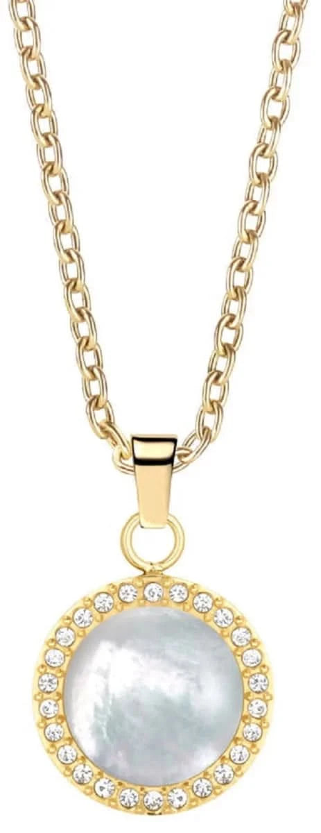 Collana color oro con maglie e ciondolo rotondo in madreperla con corona scintillante