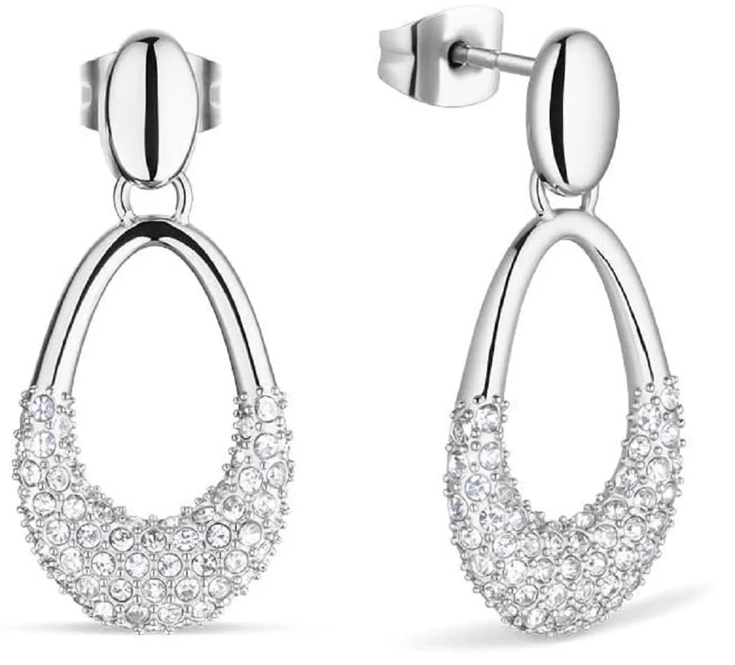 Orecchini pendenti in argento con pavé scintillante di cristalli, bordo curvo