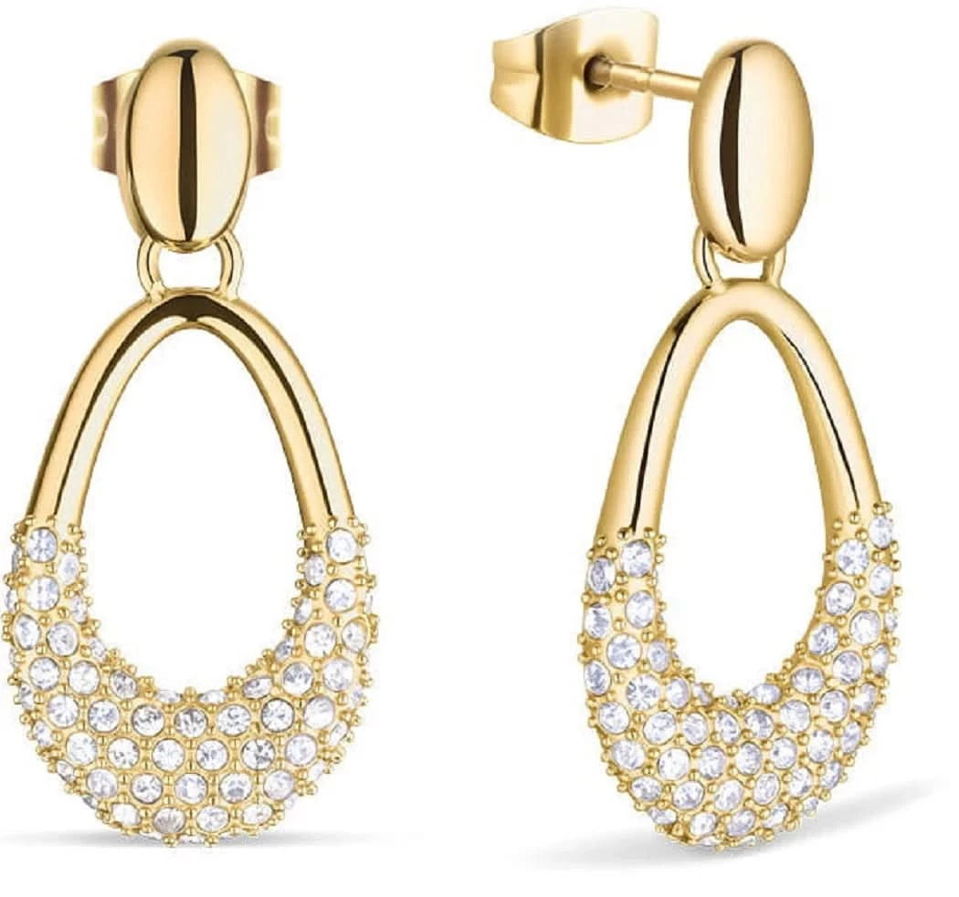 Orecchini pendenti color oro a forma di goccia con cristalli pavé e chiusura a scatto