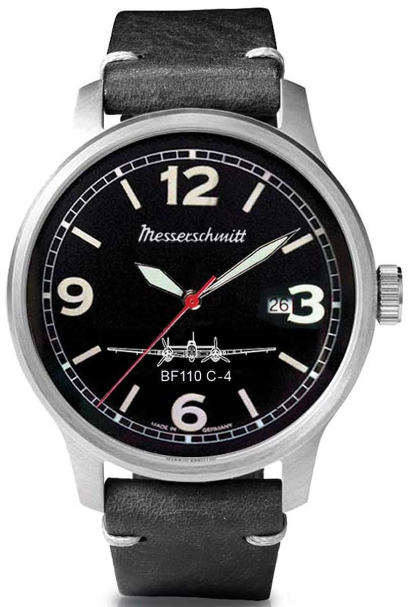 Orologio da uomo con quadrante nero, logo Messerschmitt e cinturino in pelle marrone