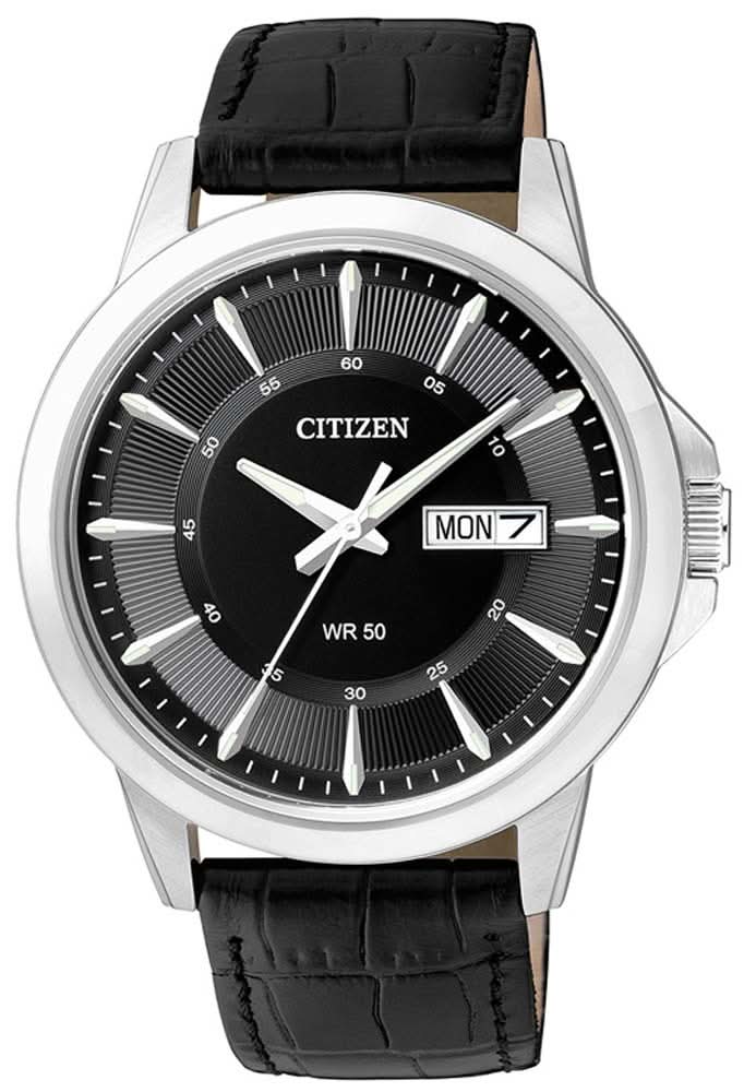 Orologio da uomo con quadrante nero, cassa argentata e cinturino in pelle nera