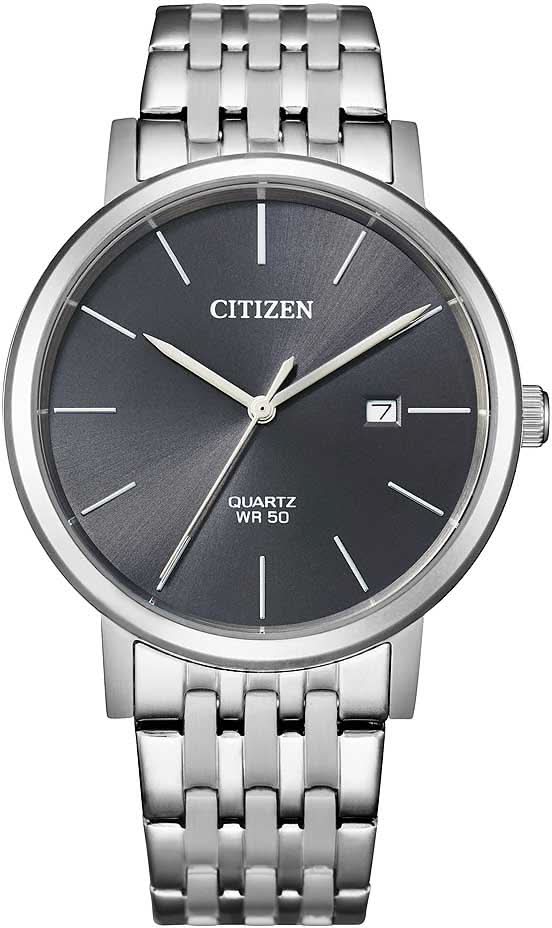 Herrenuhr mit Edelstahlband und dunkelgrauem Zifferblatt, Quarz-Anzeige