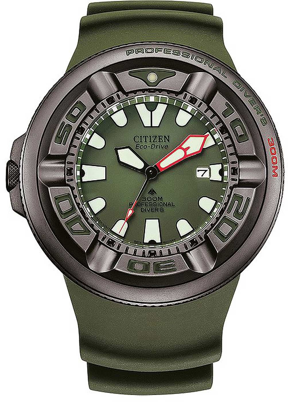Herrenuhr mit grünem Zifferblatt, rotem Zeiger und grünem Kautschukarmband