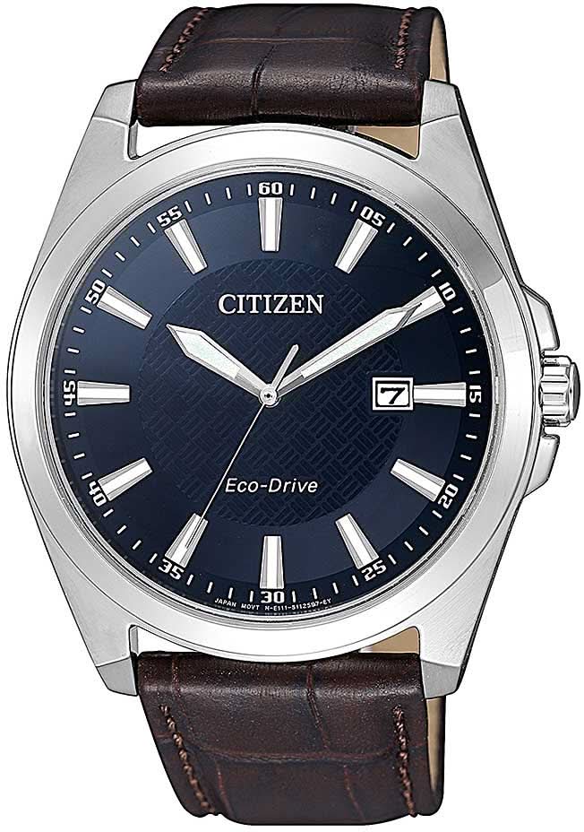 Herrenuhr: dunkelblaues Zifferblatt, braunes Lederarmband, Citizen