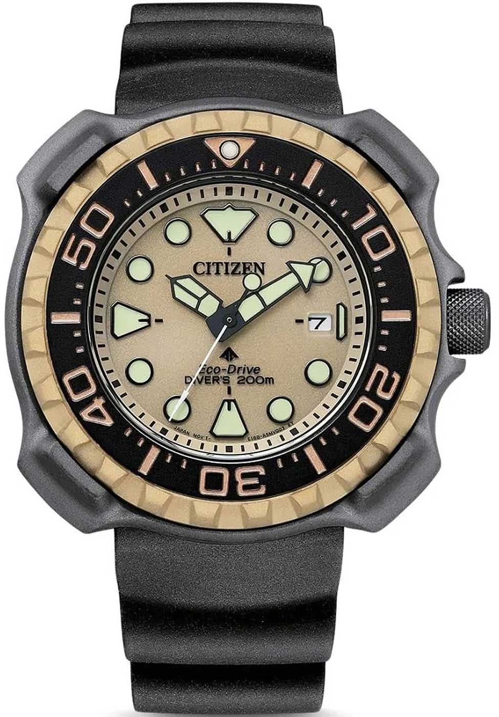 Herrenarmbanduhr mit schwarzem Silikonarmband, beiger Lünette und hellem, grünlichem Zifferblatt