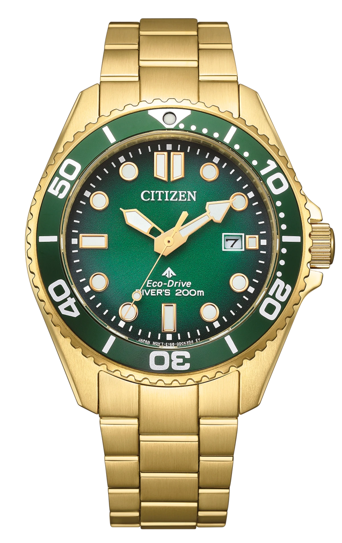 Orologio da uomo color oro con quadrante verde, lunetta da sub e cinturino in metallo