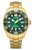Orologio da uomo color oro con quadrante verde, lunetta da sub e cinturino in metallo