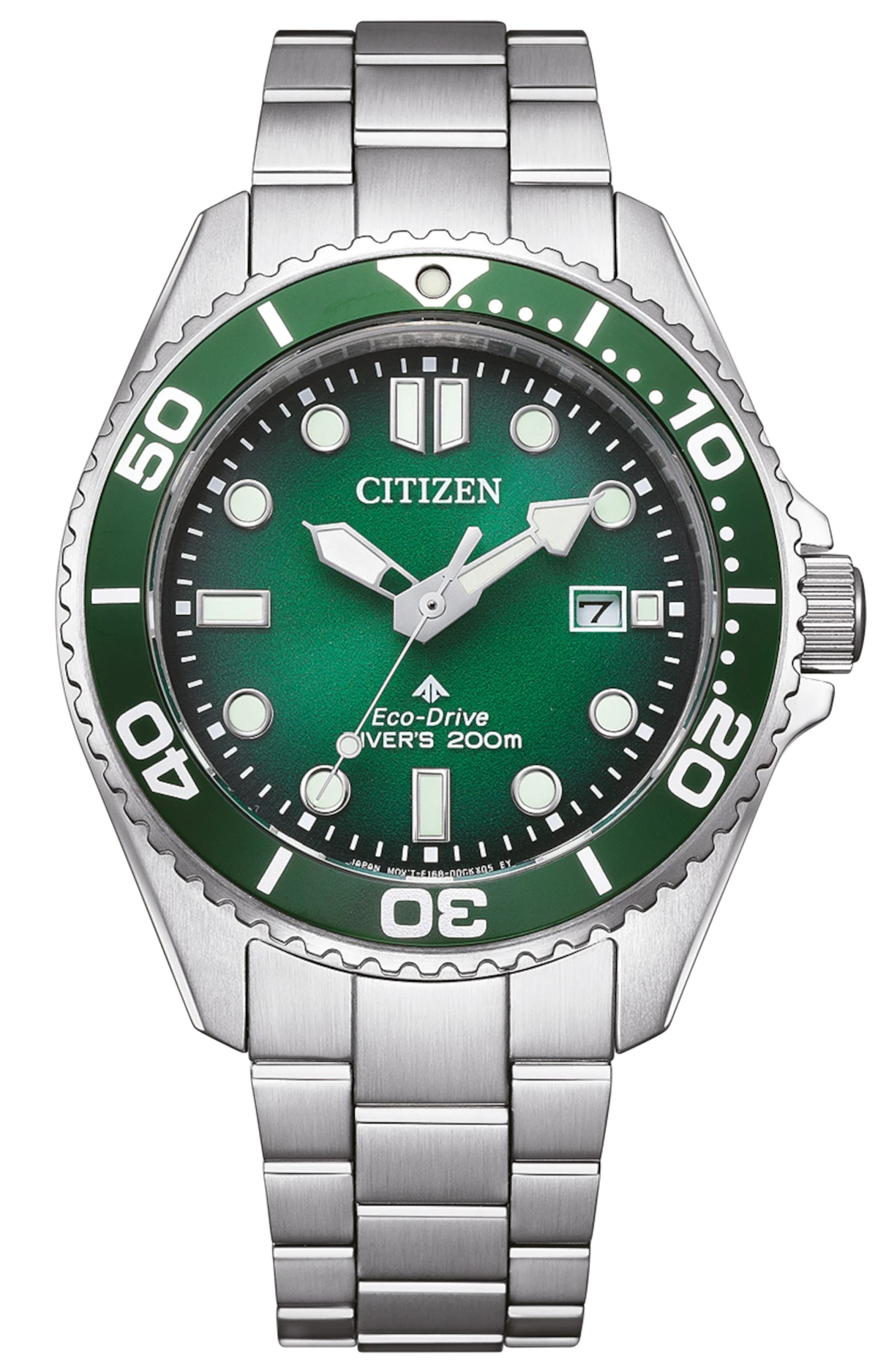 Orologio da uomo con quadrante verde, bracciale in acciaio inossidabile e lunetta girevole