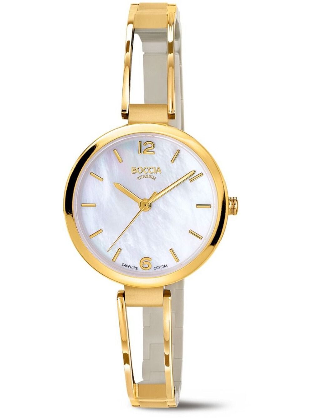 Boccia Titanium 3354-02 Damen Armbanduhr Gold • Saphirglas • Perlmutt-Zifferblatt