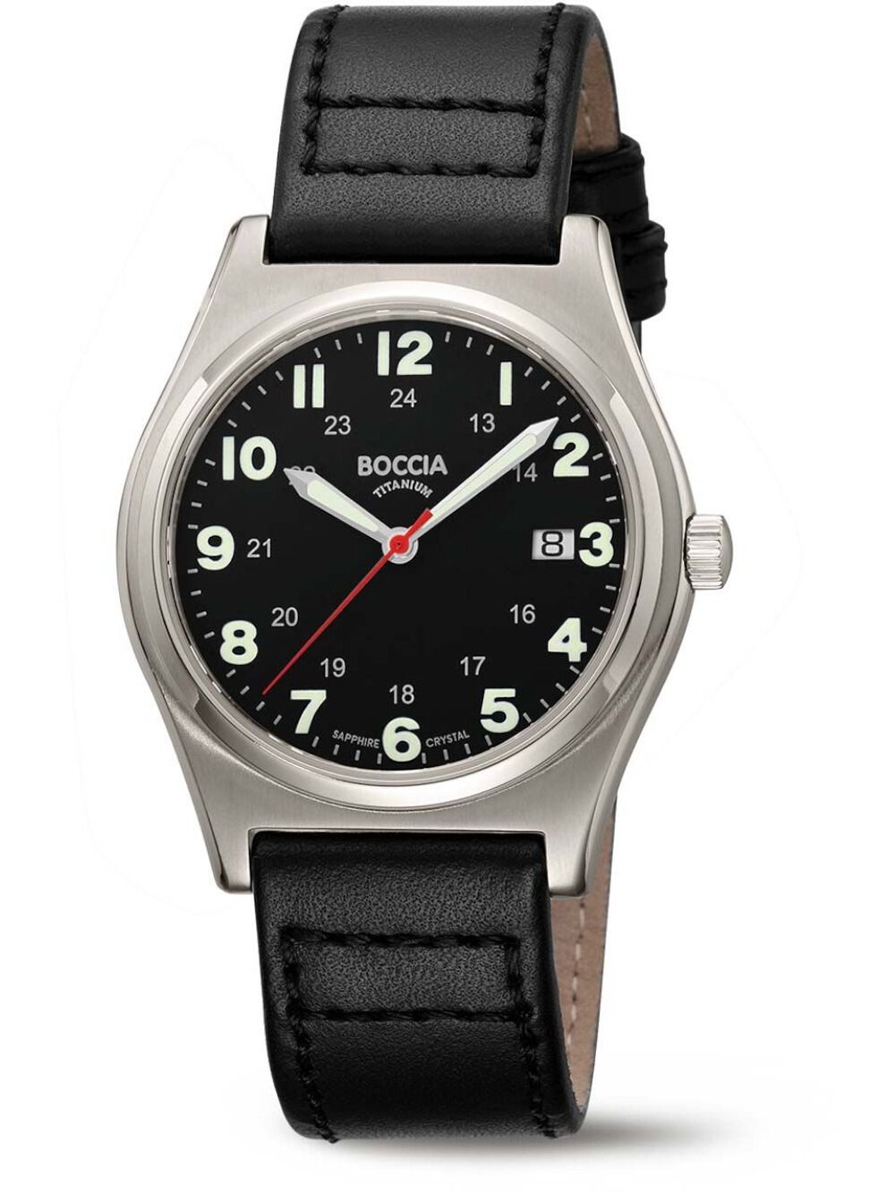 Boccia Titanium 3674-01 Herren Armbanduhr Schwarz • Saphirglas • Großes Leuchtindex-Zifferblatt