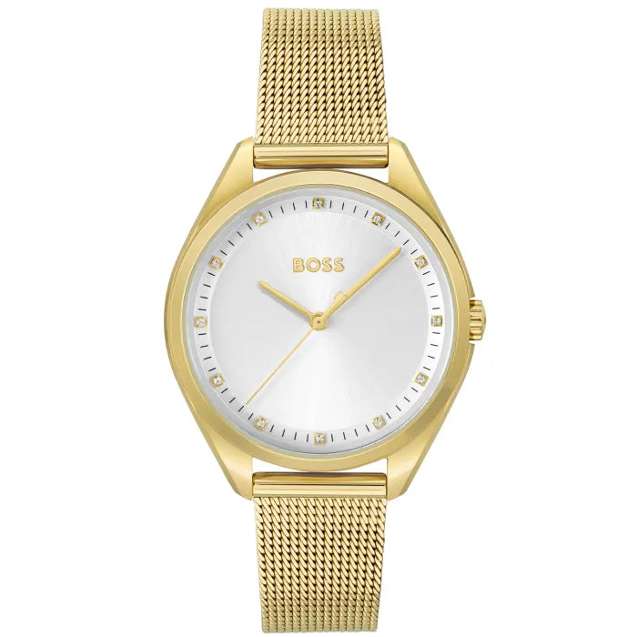BOSS Saya 1502669 Damen Armbanduhr Goldfarben • Milanaise-Netzarmband • Zirkonia-Zifferblatt