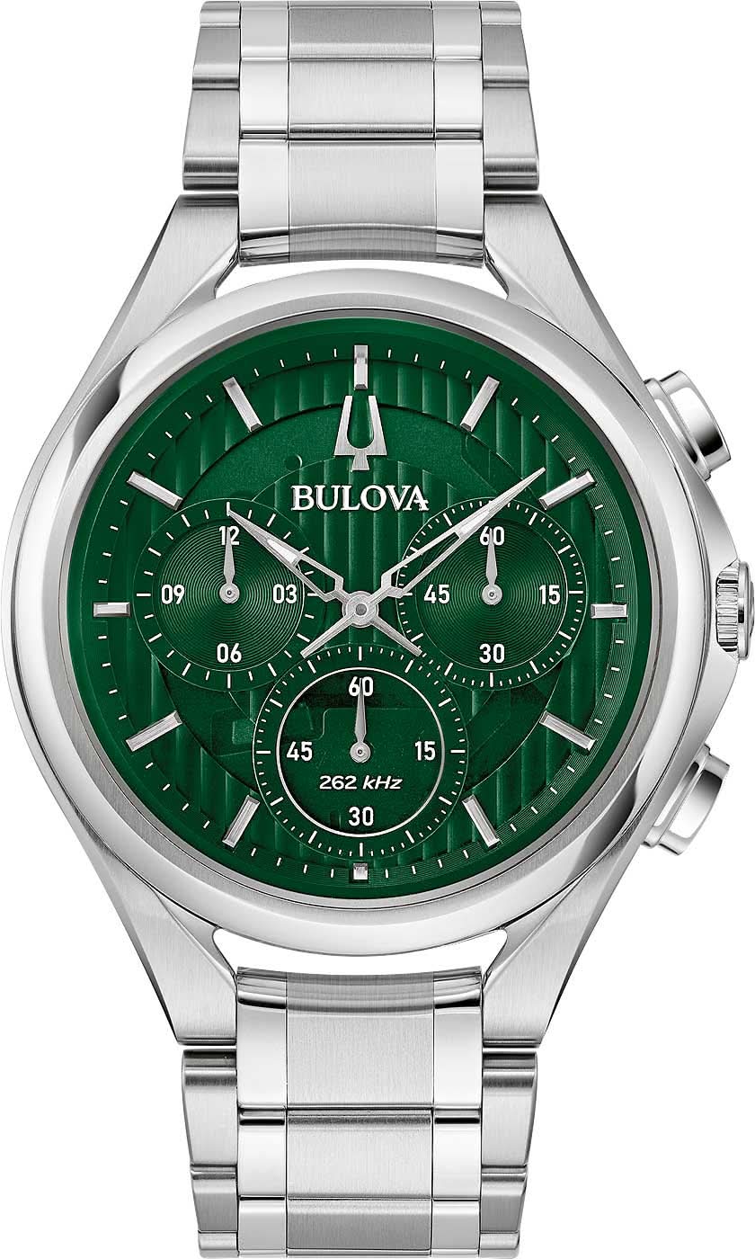 Bulova Curv Herrenuhr mit silbernem Edelstahlarmband, grünem Zifferblatt und Chronograph-Zählern