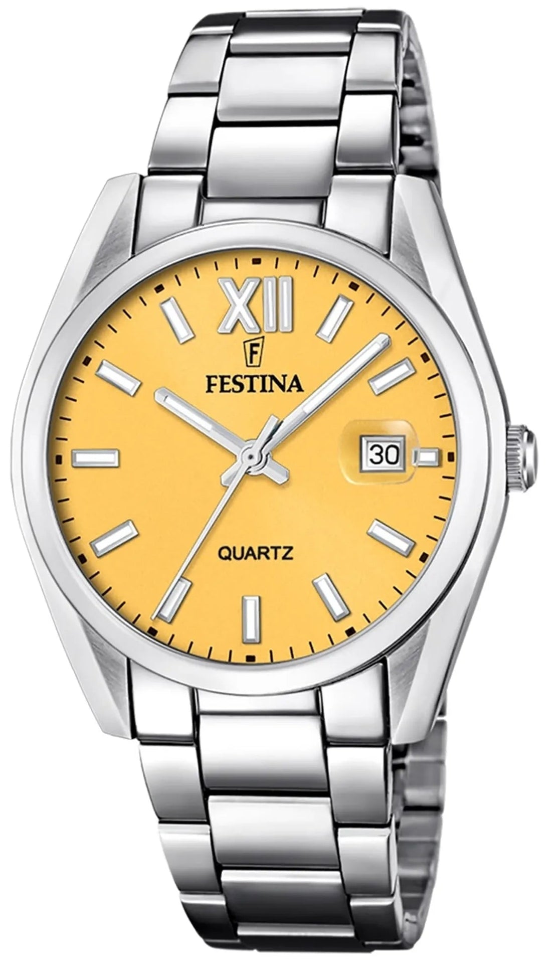 Orologio da uomo con cinturino in acciaio inossidabile argentato, quadrante giallo, numeri romani e datario 30