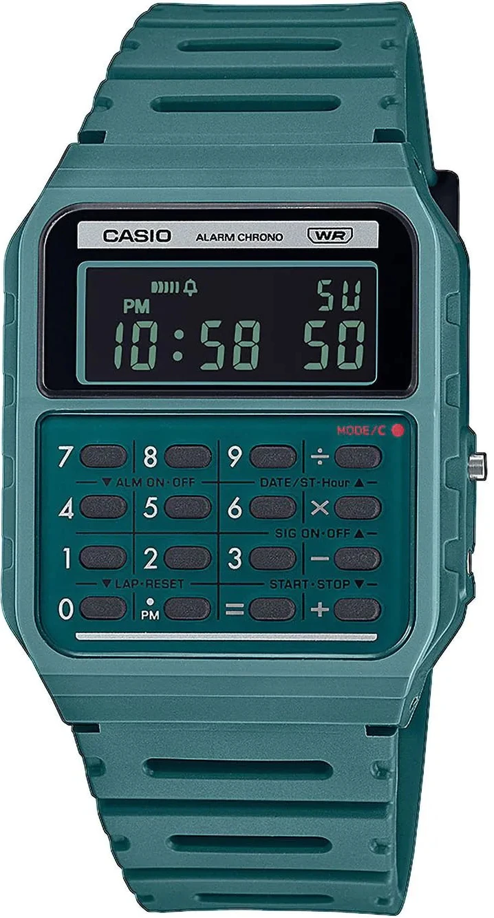 Orologio da uomo con display digitale a calcolatrice e pulsanti, cassa turchese