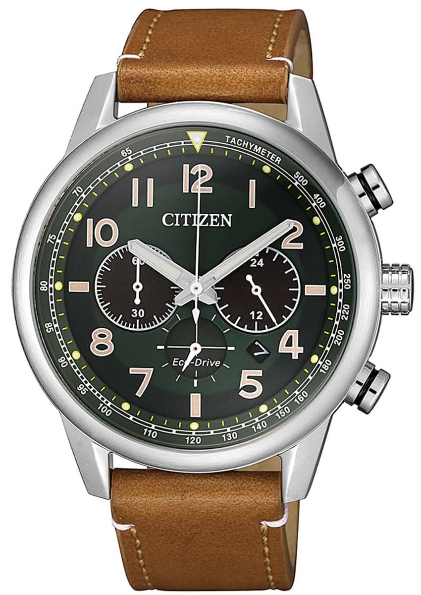 Orologio cronografo Citizen con cinturino in pelle marrone, quadrante nero, funzione cronometro