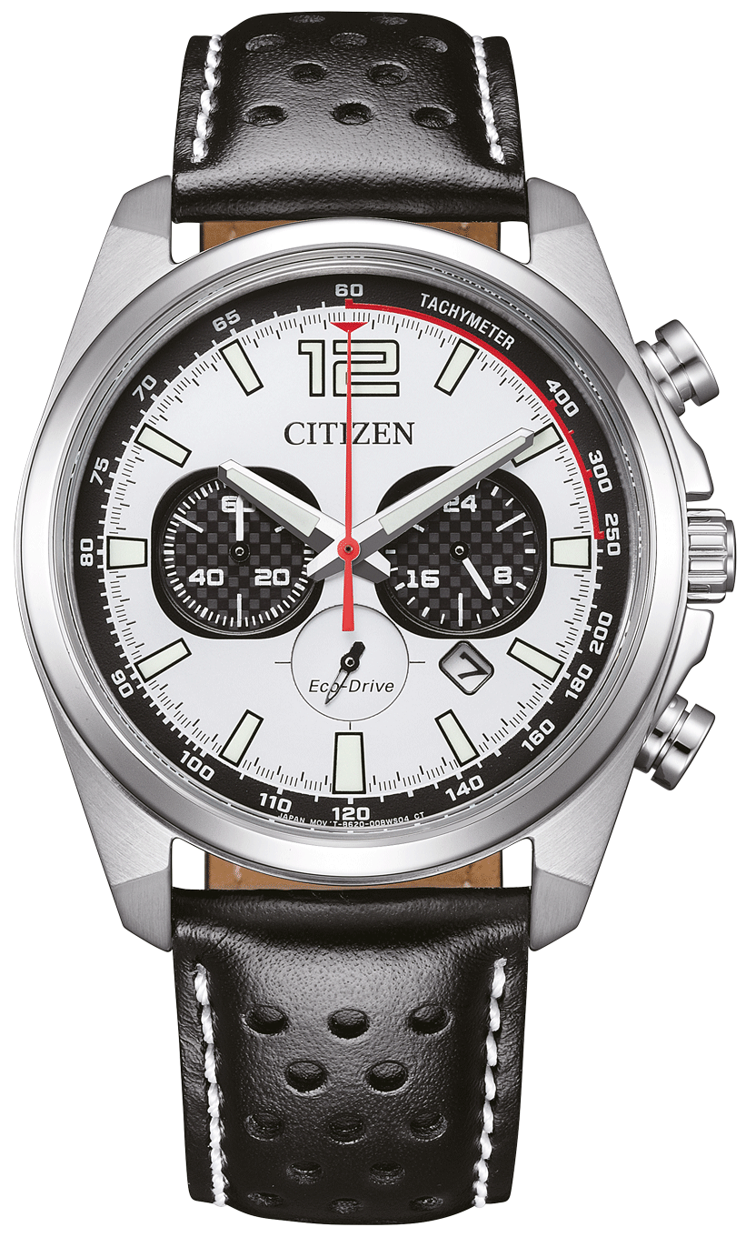 Orologio da uomo Citizen con cinturino in pelle nera, cassa argentata e quadrante bianco