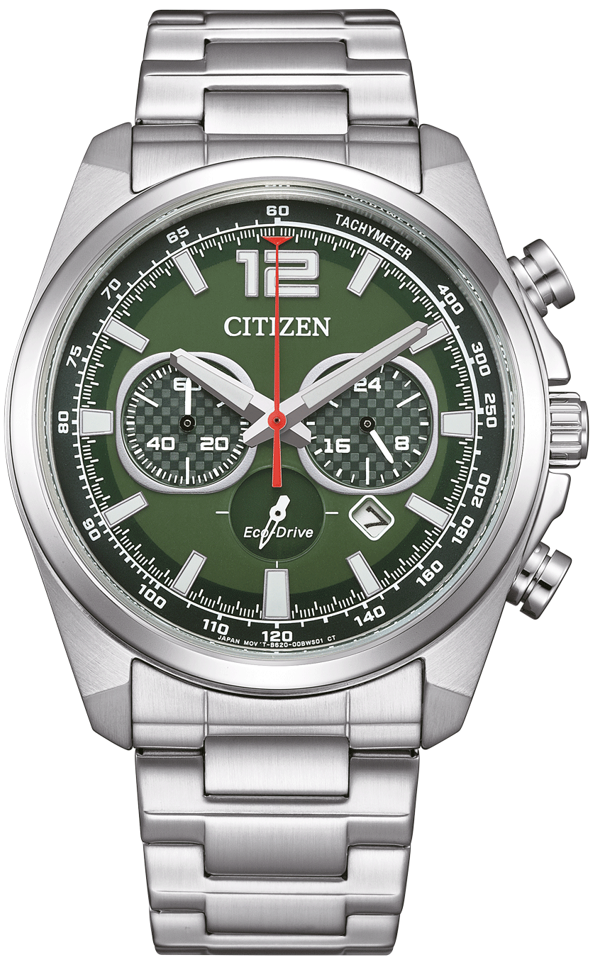 Orologio da uomo con quadrante verde, cinturino in metallo e look cronografo