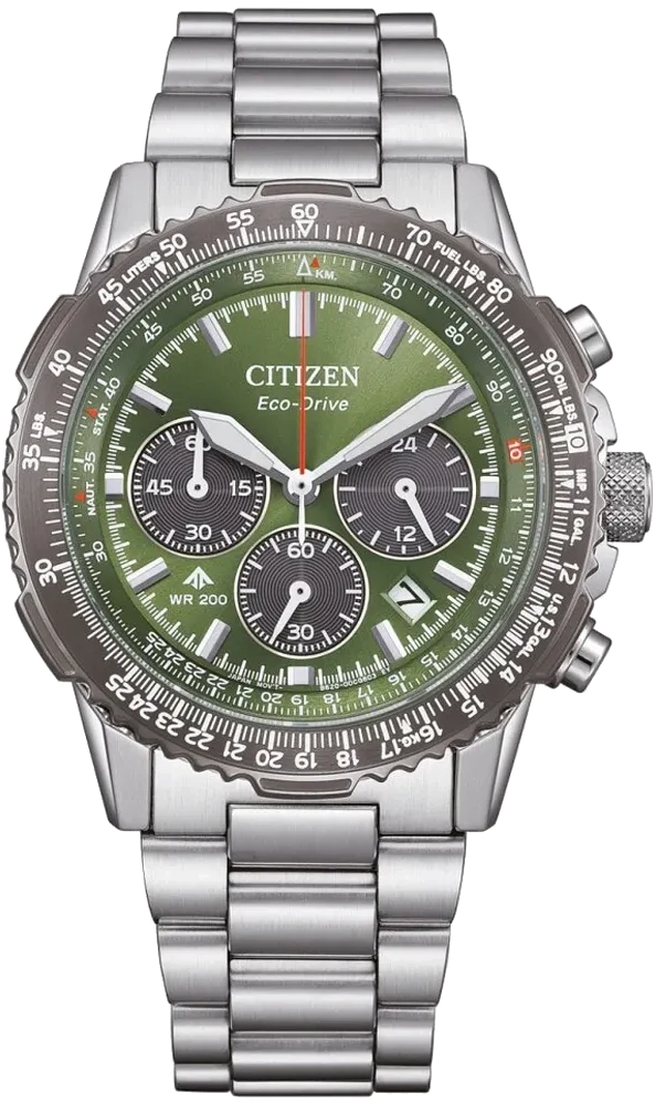 Herrenarmbanduhr mit grünem Zifferblatt, Chronograph-Zählern und Edelstahlarmband, Eco-Drive