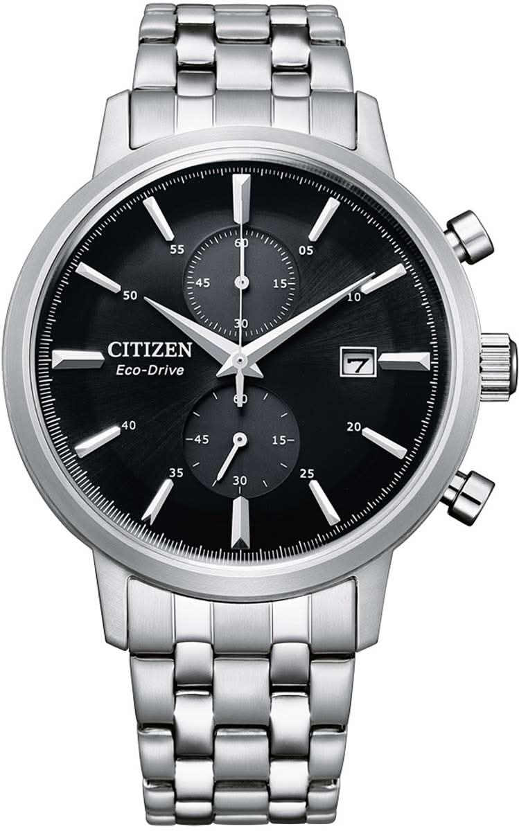 Herrenarmbanduhr Citizen mit Chronograph-Zifferblatt, schwarzem Dial und Metallband