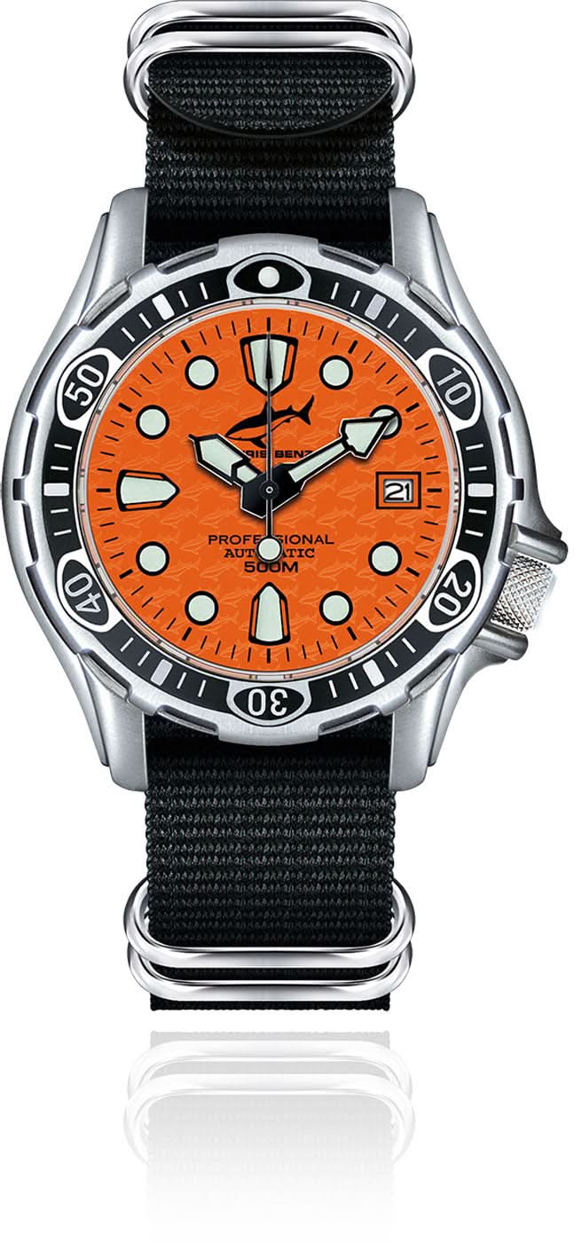 Orologio da uomo Chris Benz con quadrante arancione e cinturino in tessuto nero