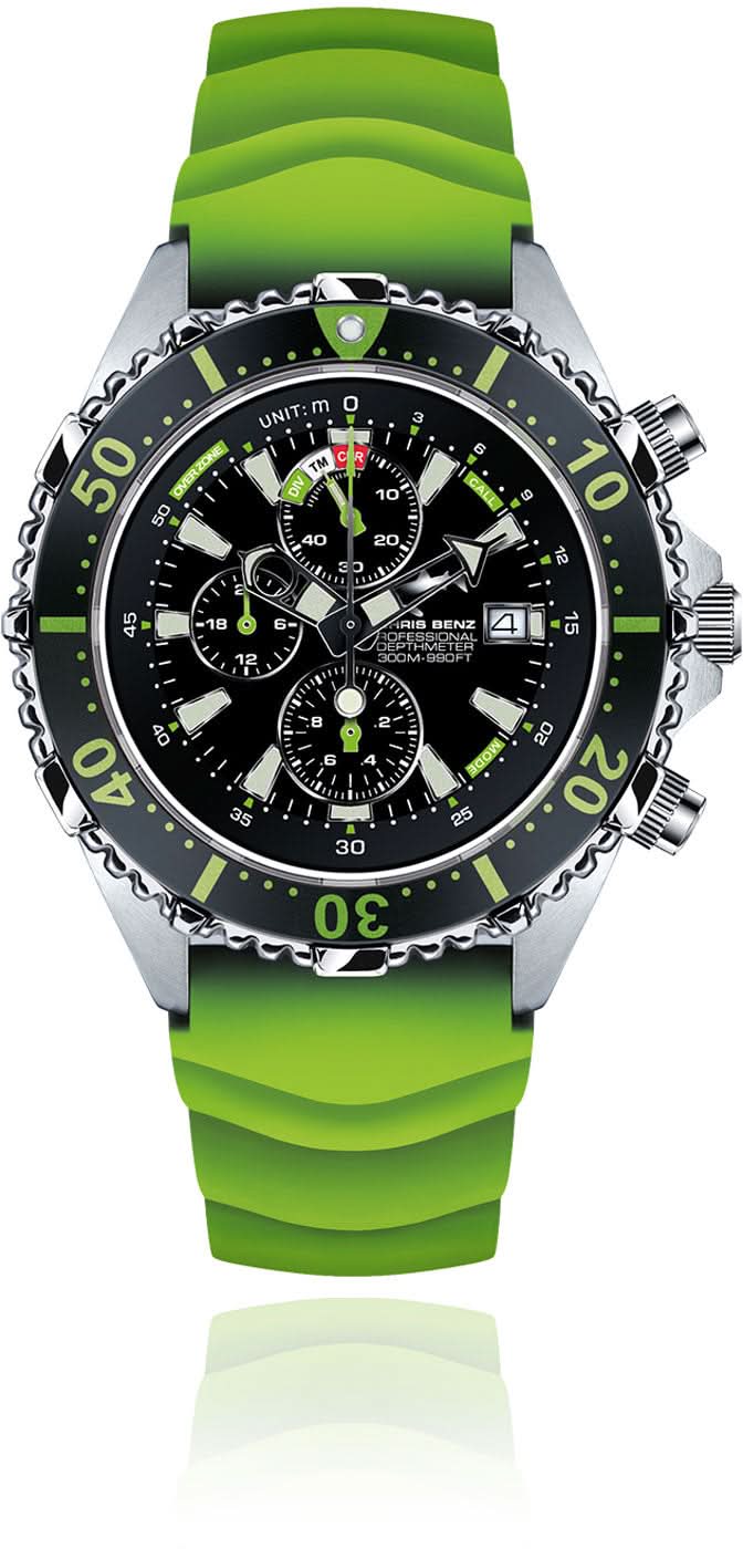 Orologio sportivo da uomo con cinturino in silicone verde e quadrante nero, cronografo