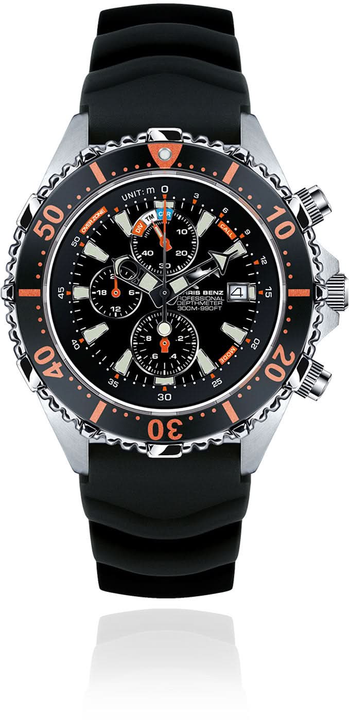 Orologio da uomo con cinturino in caucciù nero, quadrante nero e sotto-quadranti cronografo