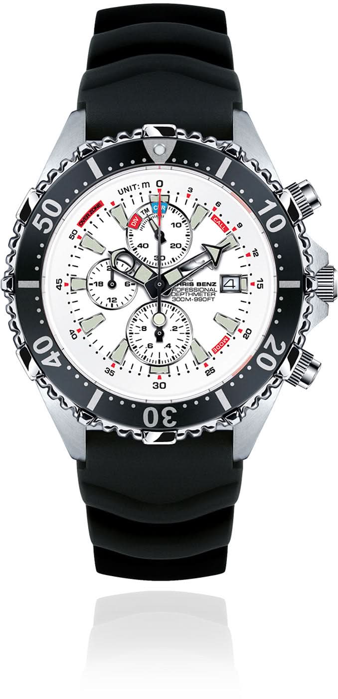 Orologio subacqueo con cinturino nero, cassa argentata e quadrante bianco