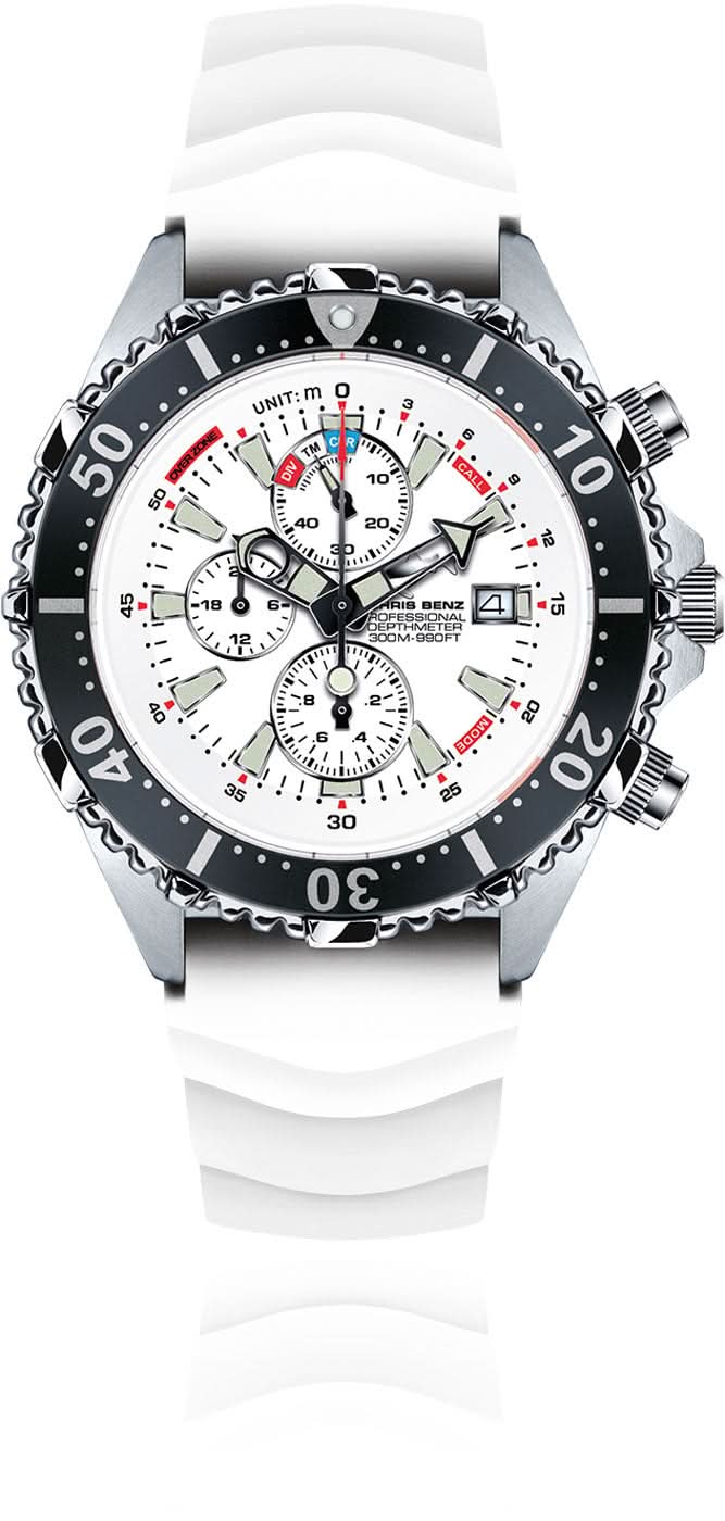 Orologio da uomo con cinturino in caucciù bianco e lunetta nera, quadrante cronografo