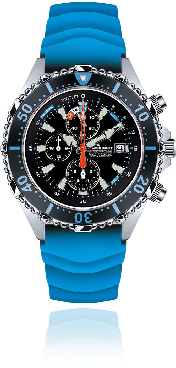 Herrenuhr mit blauem Silikonarmband und schwarzem Zifferblatt, Chronograph
