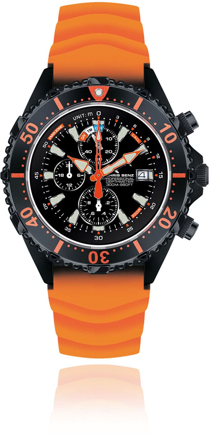 Chris Benz Herrenuhr mit schwarzem Zifferblatt und orangefarbenem Silikonband