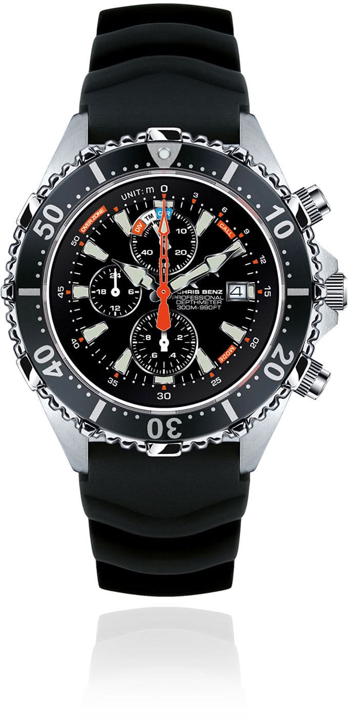 Taucheruhr mit schwarzem Kautschukband, Chronograph, schwarzem Zifferblatt, Edelstahllünette