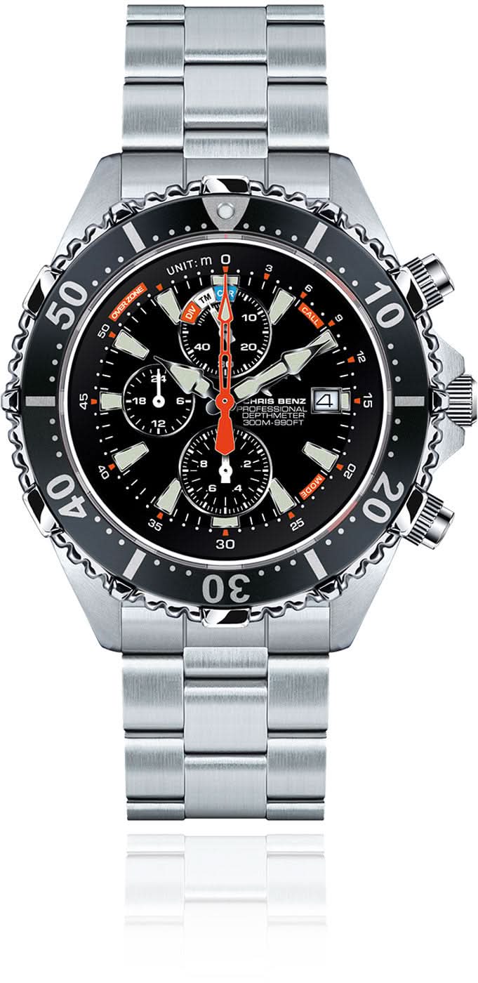 Herrenuhr mit schwarzem Zifferblatt, Chronographen-Anzeigen und silbernem Edelstahlarmband