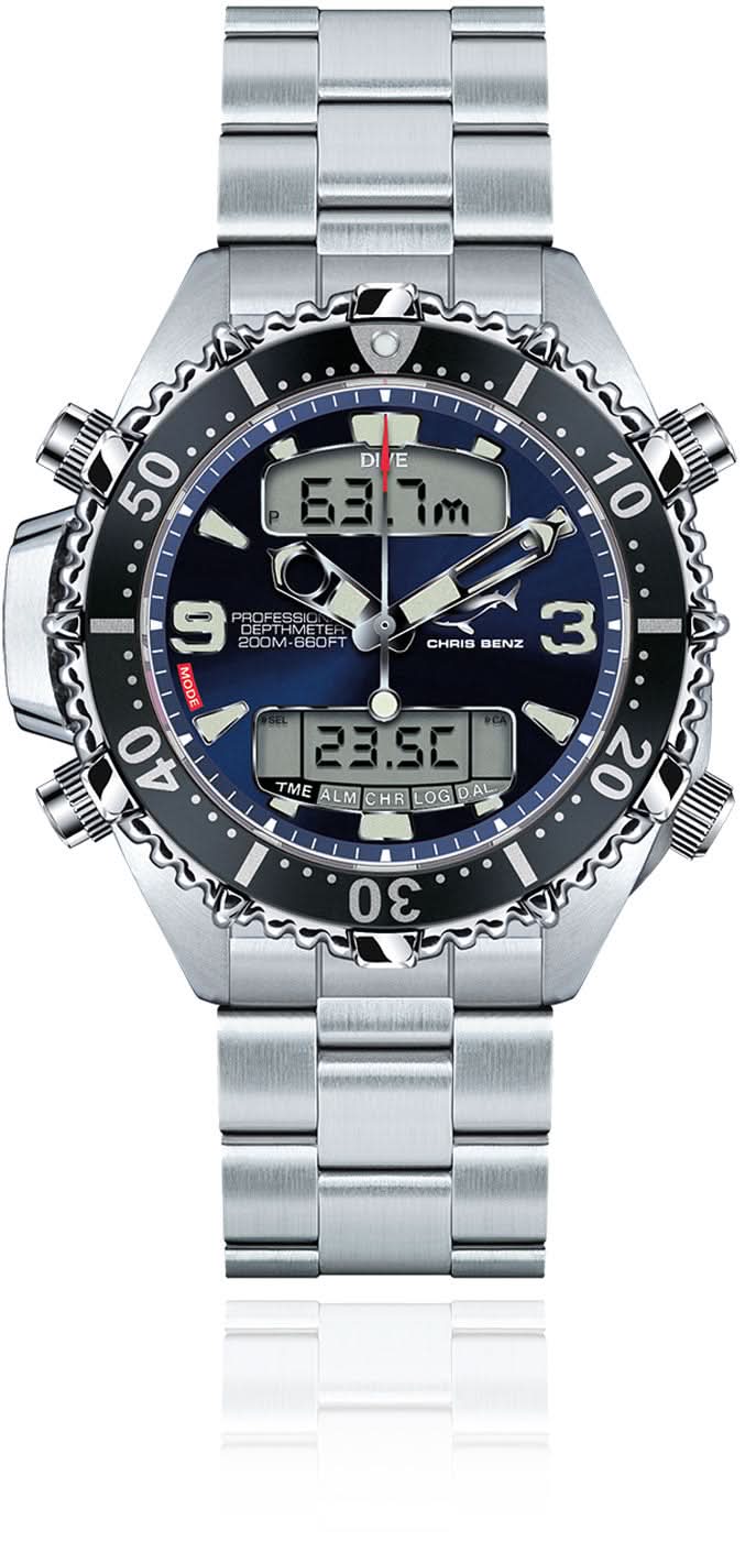 Tauchenuhr mit Metallarmband, schwarzem Zifferblatt und Datumsanzeige