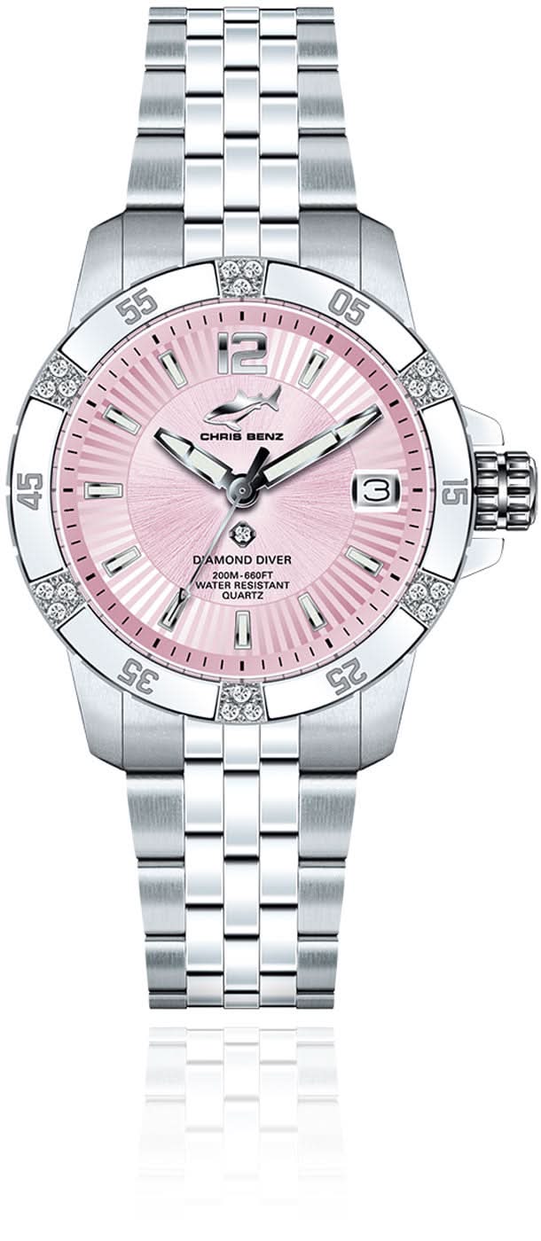 Orologio da donna con quadrante rosa, indici in diamanti e bracciale in acciaio inossidabile