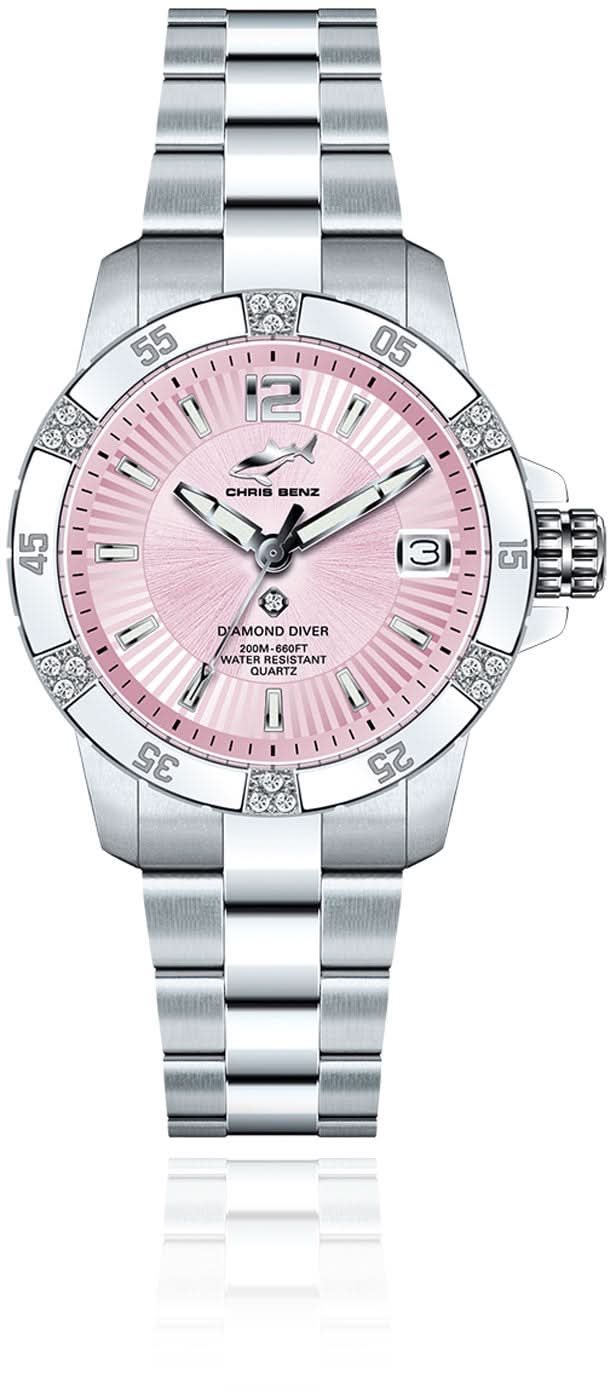 Orologio da donna Chris Benz: quadrante rosa, lunetta con diamanti, cinturino in acciaio.