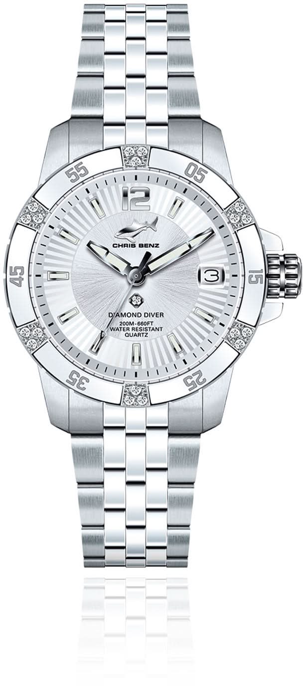 Orologio da donna Chris Benz Diamond Diver CB-DD200-SI-MBJ • 19 diamanti • Impermeabile fino a 200m