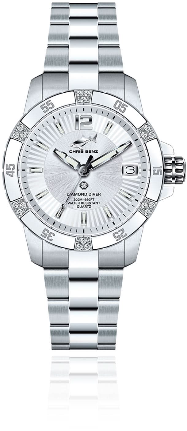 Damenuhr mit silberfarbenem Metallarmband, rundem Zifferblatt und Diamantmarkierungen
