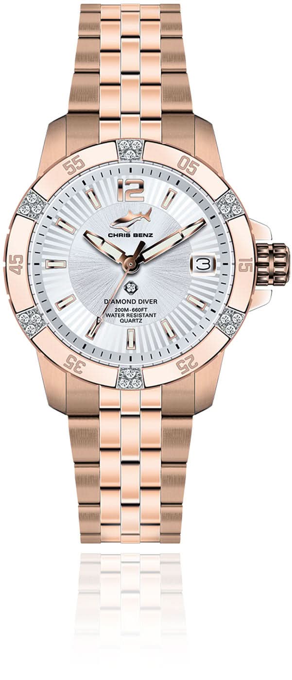 Orologio da donna con bracciale in metallo color oro rosa, quadrante bianco e lunetta con diamanti