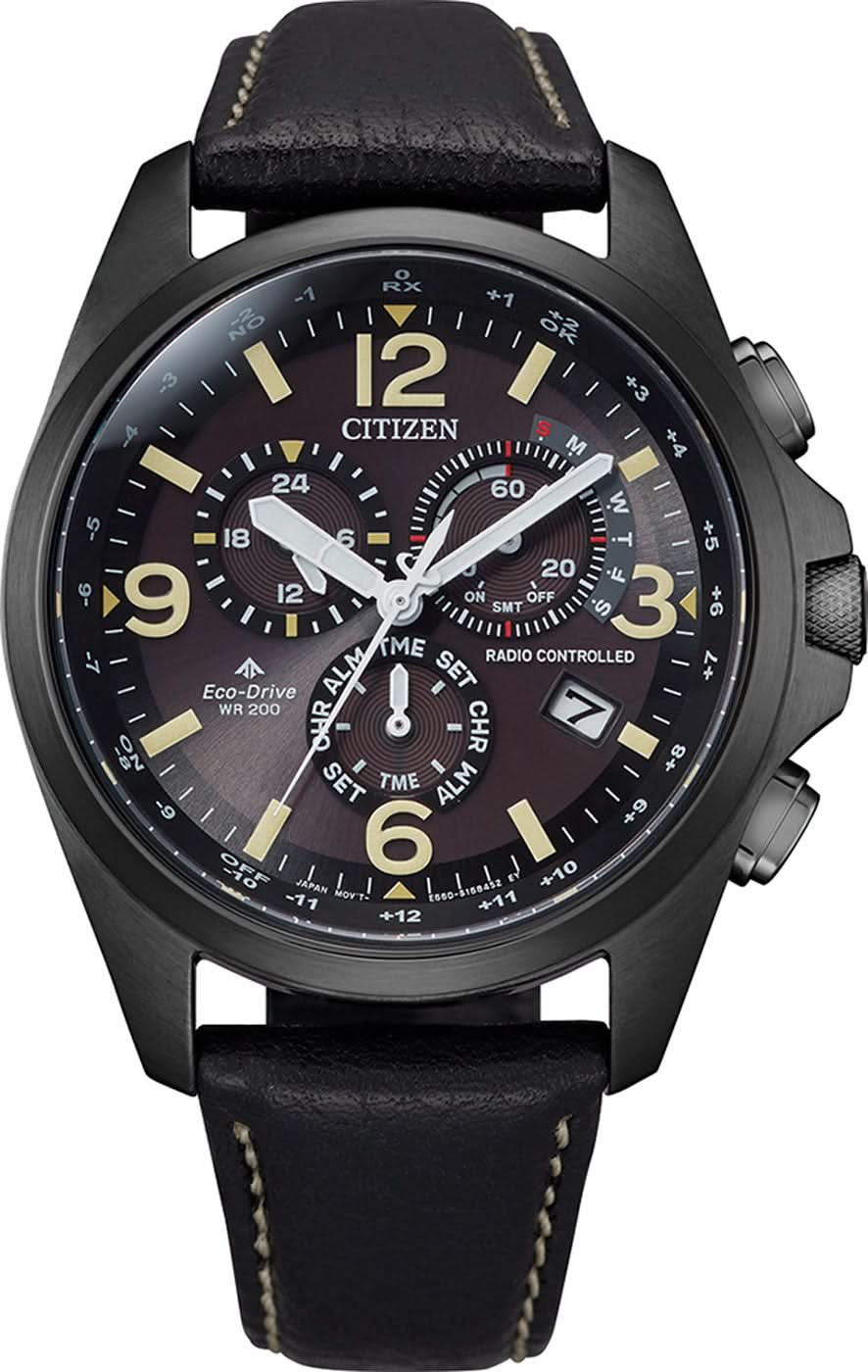 Citizen Promaster orologio radiocontrollato con cinturino in pelle, cassa nera, quadrante grigio scuro