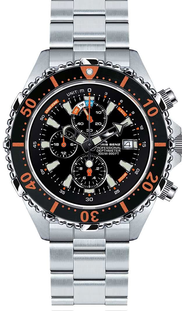 Orologio Chris Benz Depthmeter con bracciale in acciaio inossidabile argentato, quadrante nero e lunetta arancione