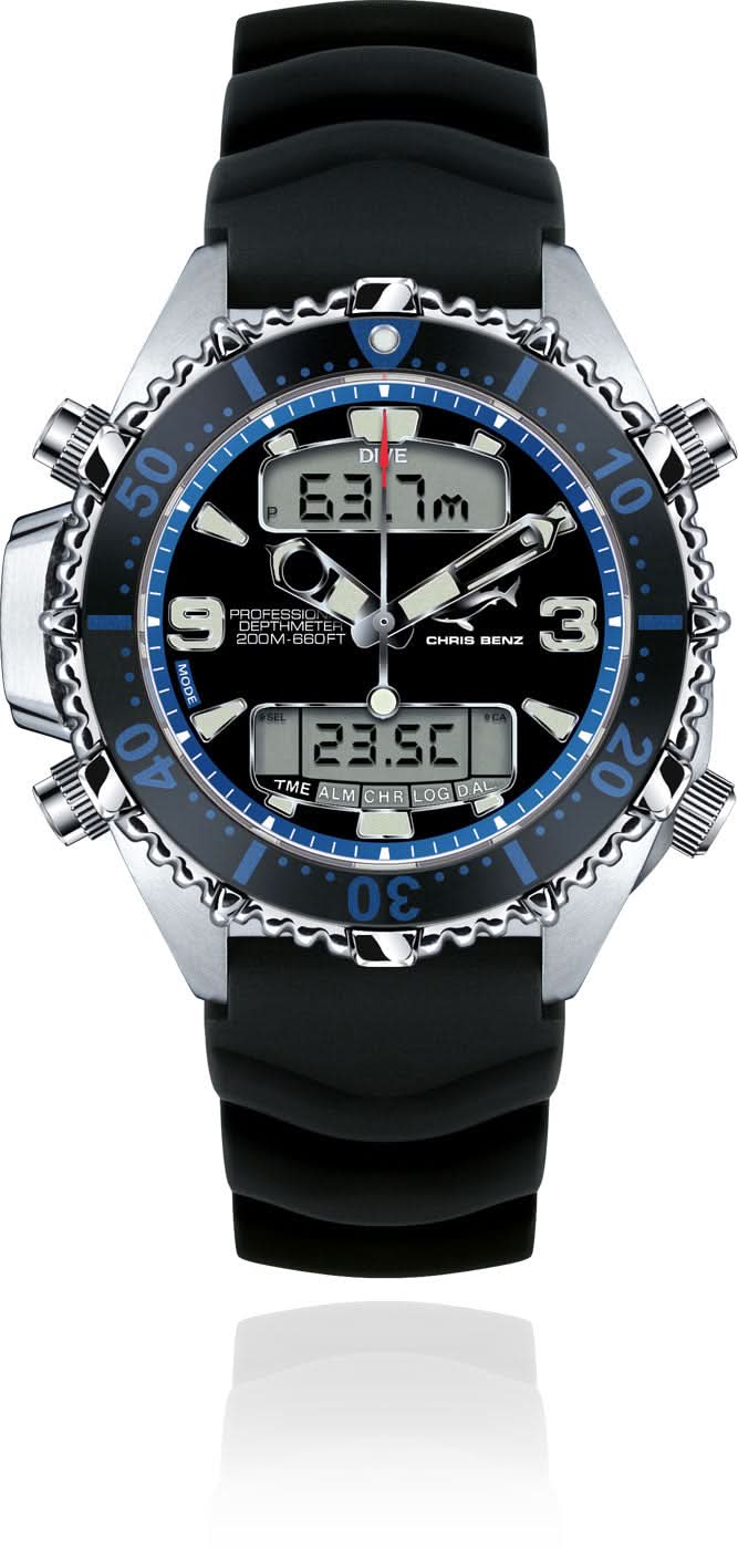 Chris Benz Depthmeter-Digitaluhr mit schwarzem Armband und blauem Ziffernring