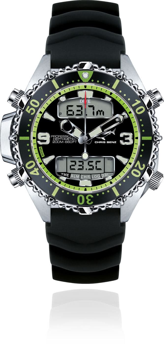 Herrenuhr mit schwarzem Silikonarmband und grünem Lünette-Display