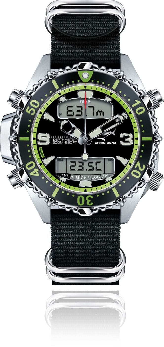 Orologio da uomo Chris Benz Depthmeter Digital 200M CB-D200X-G-NBS • Impermeabile 200m • Profondimetro digitale
